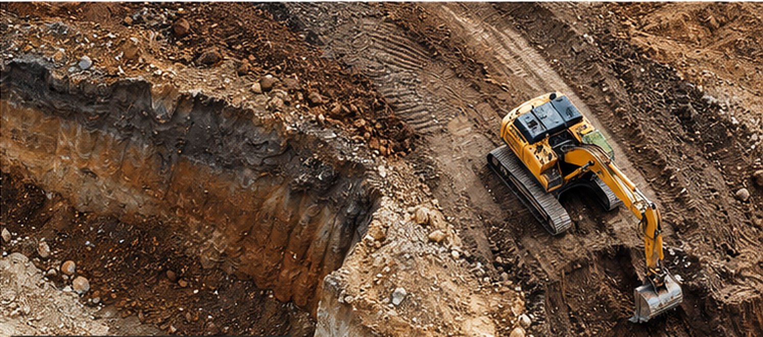 Excavator working in an open cut, showing layered soil strata